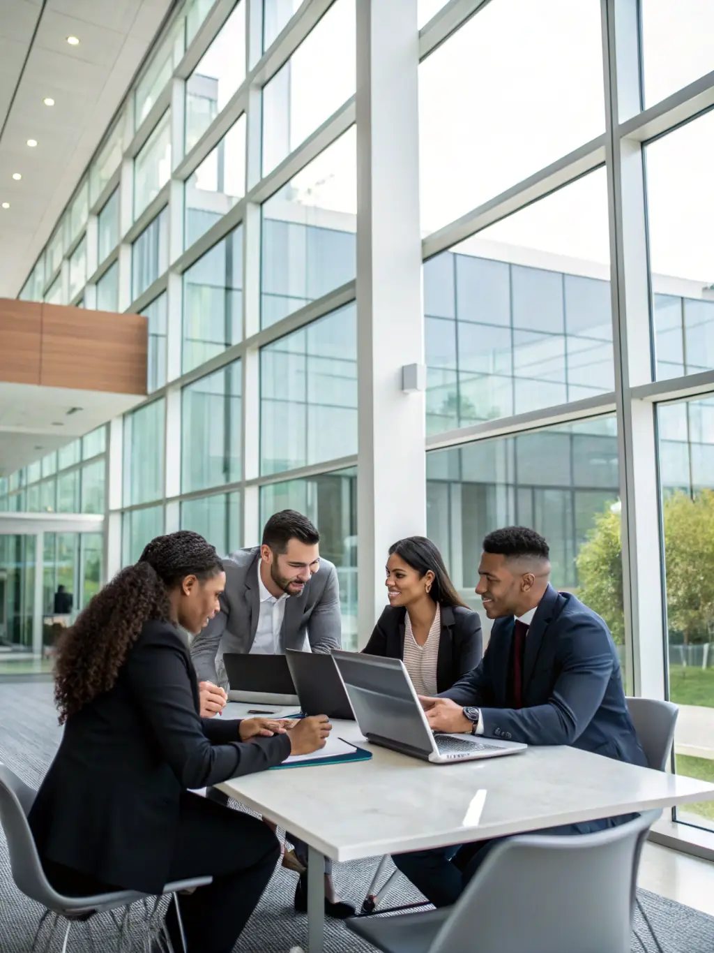A group of professionals collaborating in a modern office setting, discussing strategy and problem-solving, symbolizing the practical application of management training.