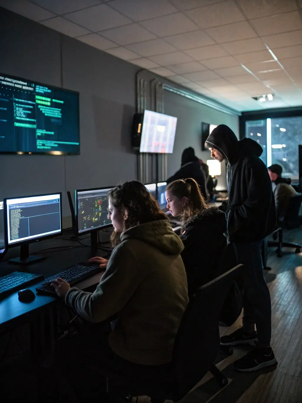 A modern IT lab with students attentively listening to an instructor during a cybersecurity training program, highlighting hands-on experience.