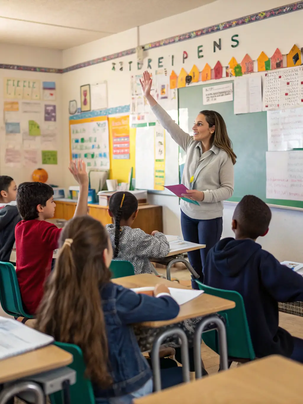 A classroom setting with students actively participating in a language lesson, focusing on conversational skills and cultural understanding.