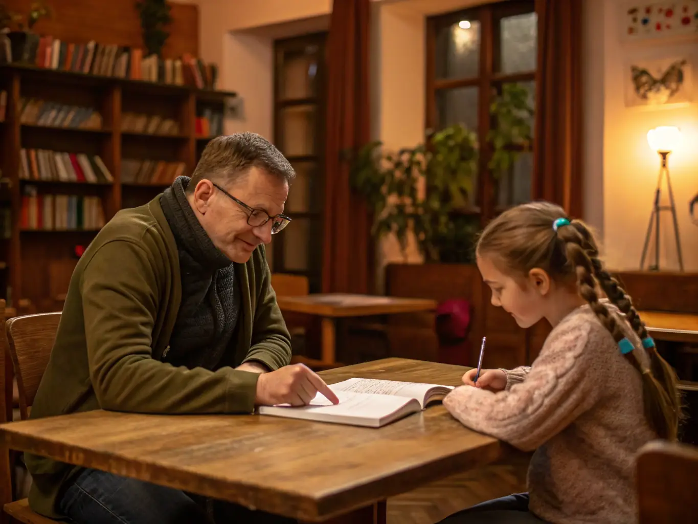 A student in a language class, actively participating in a conversation with the instructor and other students.