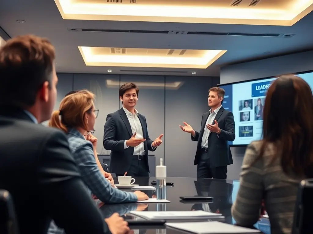 A professional in a business setting, confidently presenting data on a screen during a training session, with diverse participants engaged in learning.