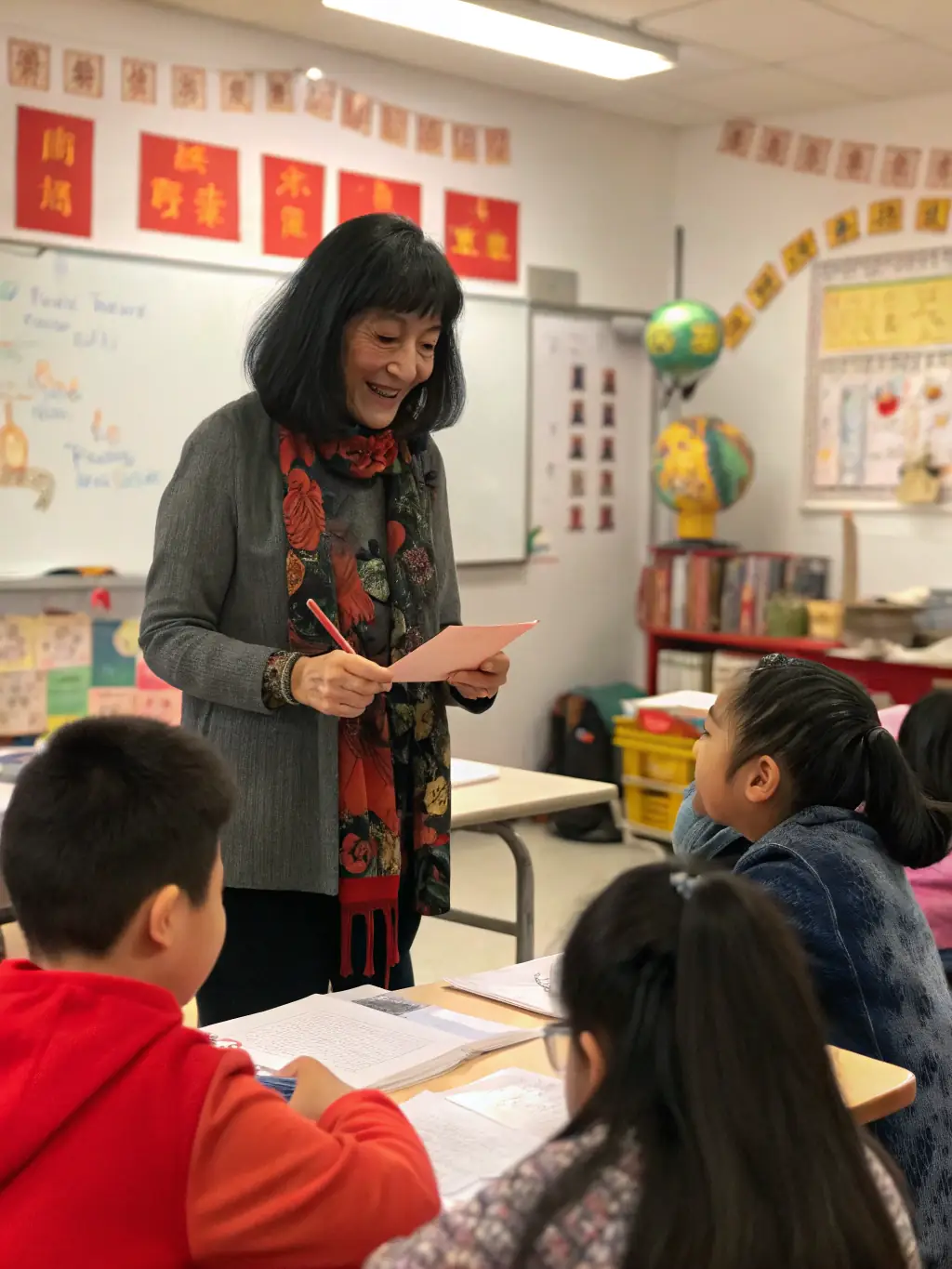 A language instructor engaging with students in an interactive Arabic language class, using visual aids and encouraging conversation.