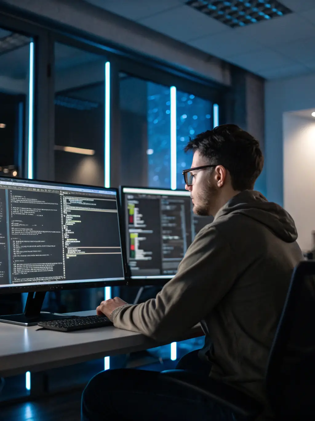 A person working on a computer with multiple screens displaying code and data, representing the advanced IT skills taught in the IT courses.